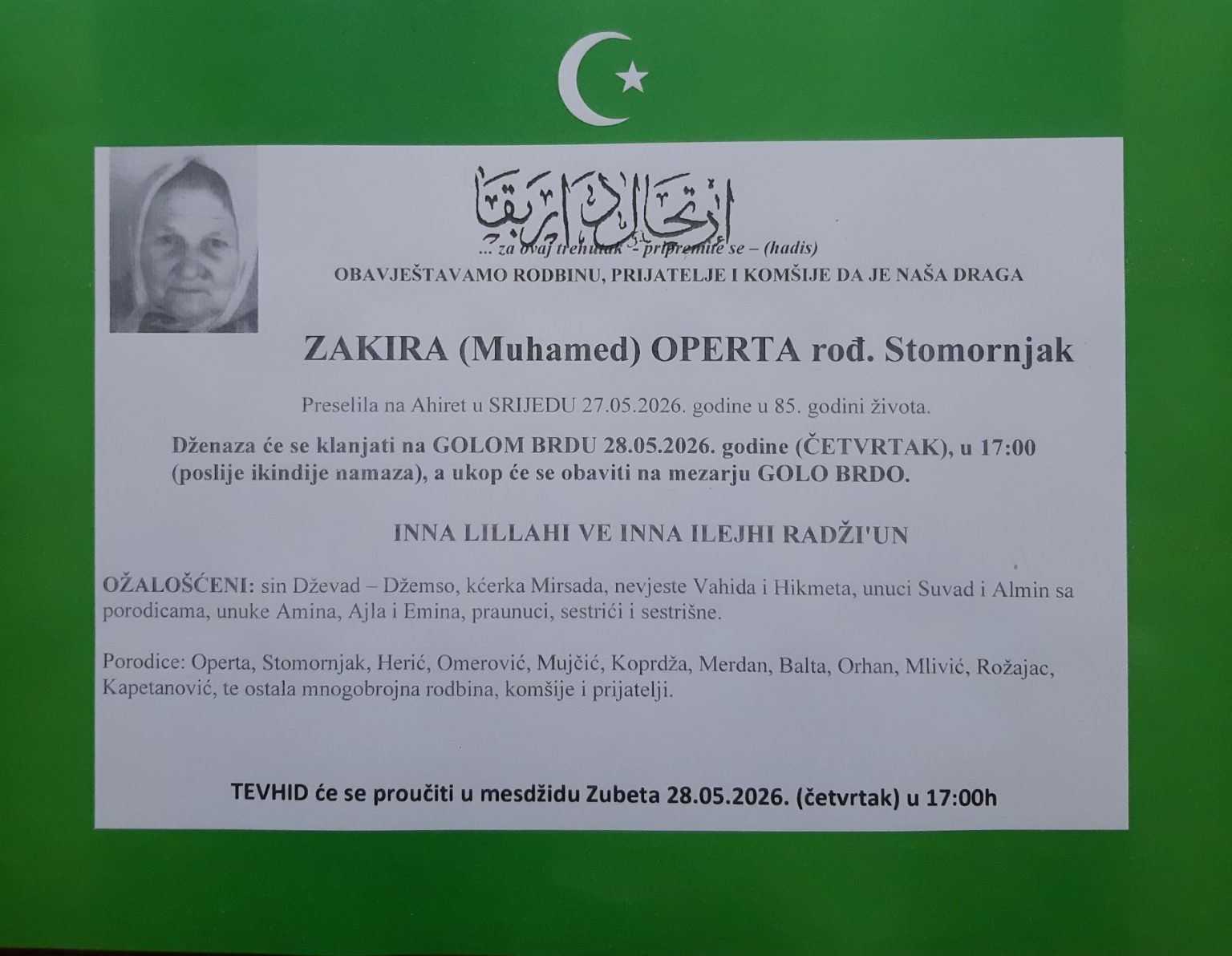 In Memoriam: Zakira (Muhamed) Operta rođ. Stomornjak